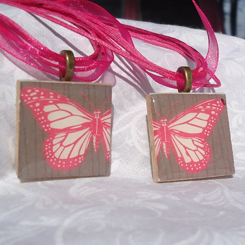 Friendship Pendants, Pink Butterfly, Two Pendant Set