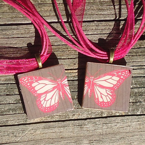 Friendship Pendants, Pink Butterfly, Two Pendant Set