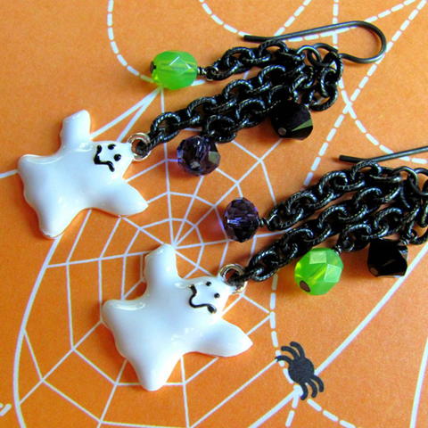 Ghost Earrings - Enamel Ghost Charm Swarovski Crystals Chain