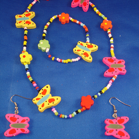 Girls Set of Necklace, Bracelet & Earrings, Bright Colorful Butterflies